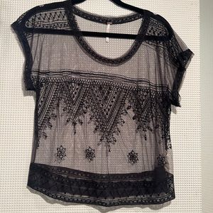Free People Black Sheer & Embroidered T Shirt, Size M
